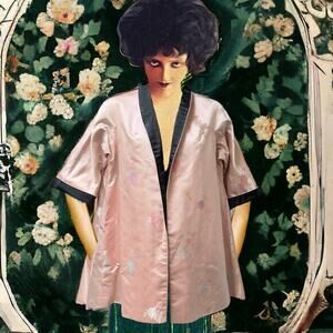 1960s Silk Embroidered Asian Evening Swing Coat Reversible Black & Pink Small